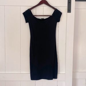 Express black bodycon off the shoulder midi dress.